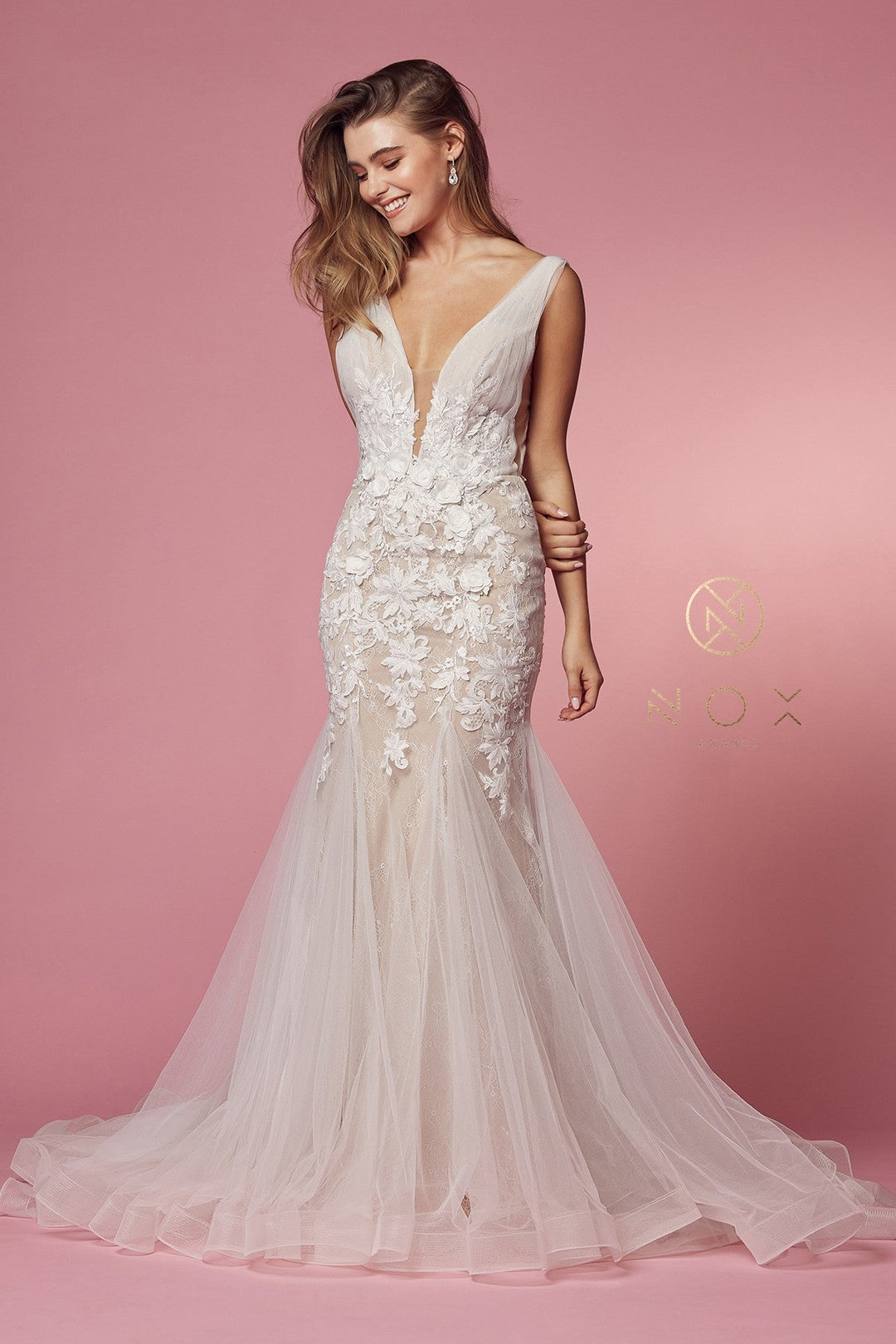 Floral Applique Mermaid Bridal Gown by Nox Anabel JE917