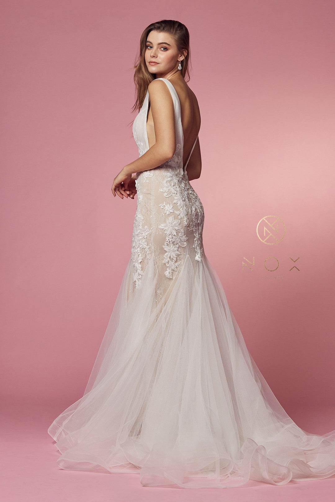 Floral Applique Mermaid Bridal Gown by Nox Anabel JE917