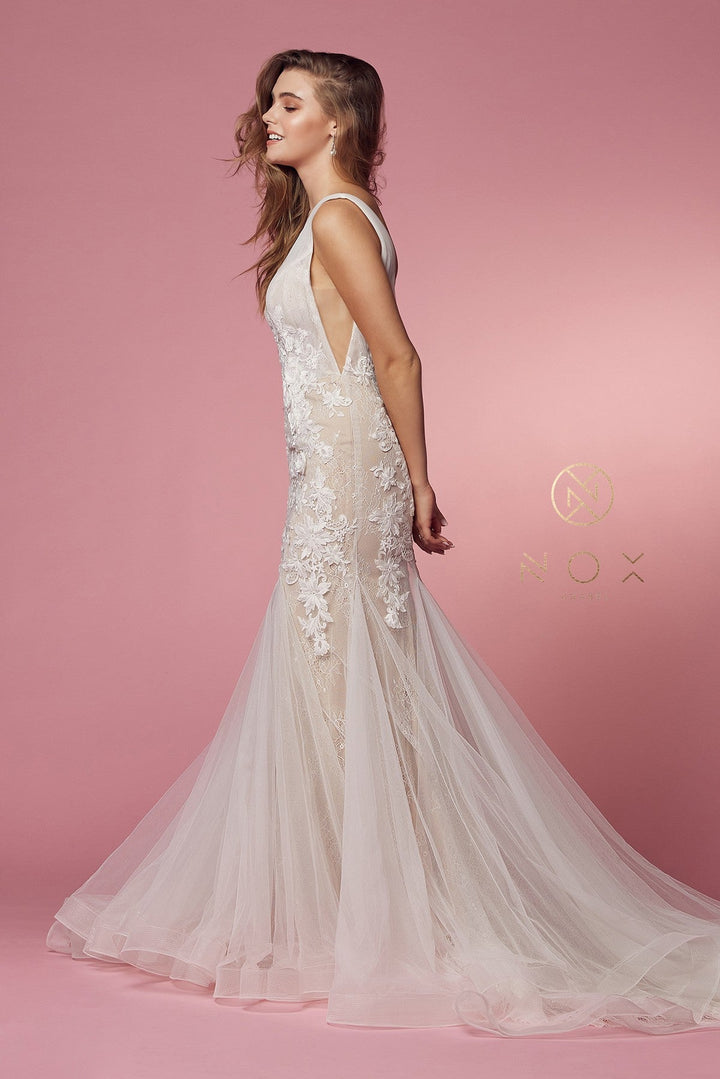 Floral Applique Mermaid Bridal Gown by Nox Anabel JE917