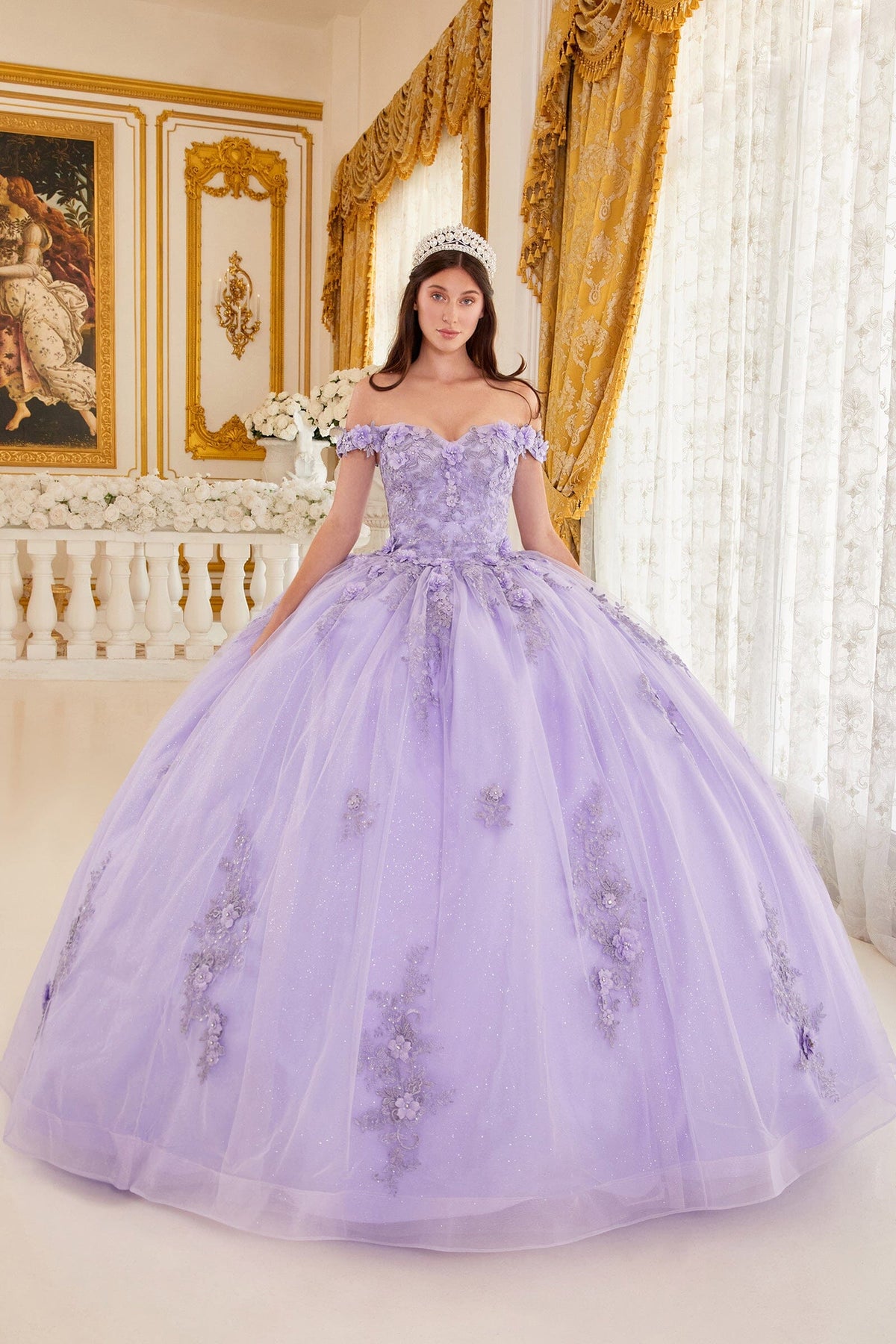 Floral Applique Off Shoulder Ball Gown by Ladivine 15702 Floral Applique Off Shoulder Ball Gown by Ladivine 15702