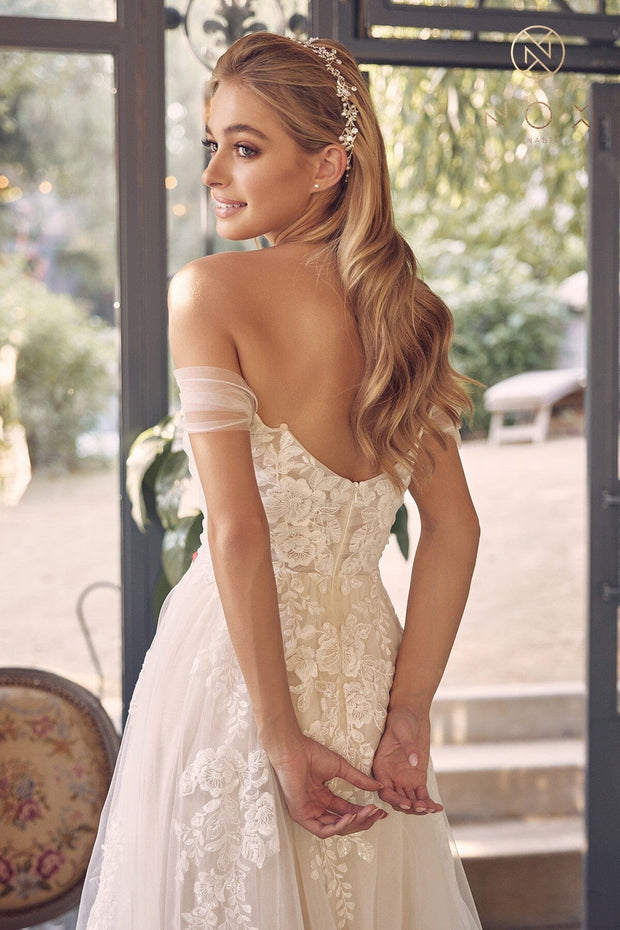 Floral Applique Off Shoulder Bridal Slit Gown by Nox Anabel JE953