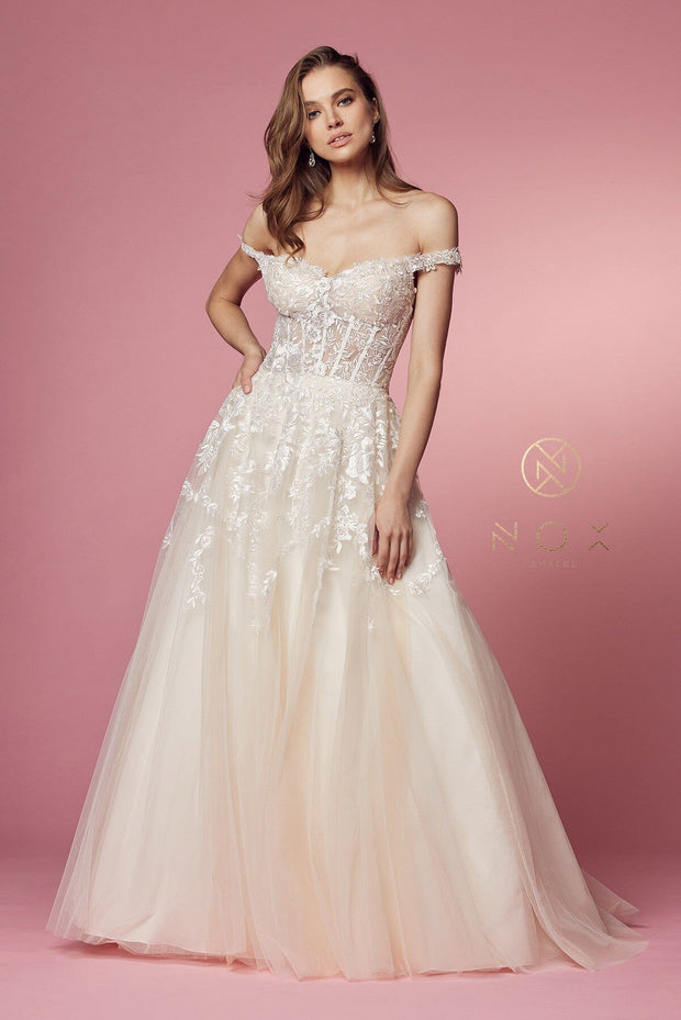 Floral Applique Off Shoulder Gown by Nox Anabel JH925