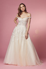 Floral Applique Off Shoulder Gown by Nox Anabel JH925