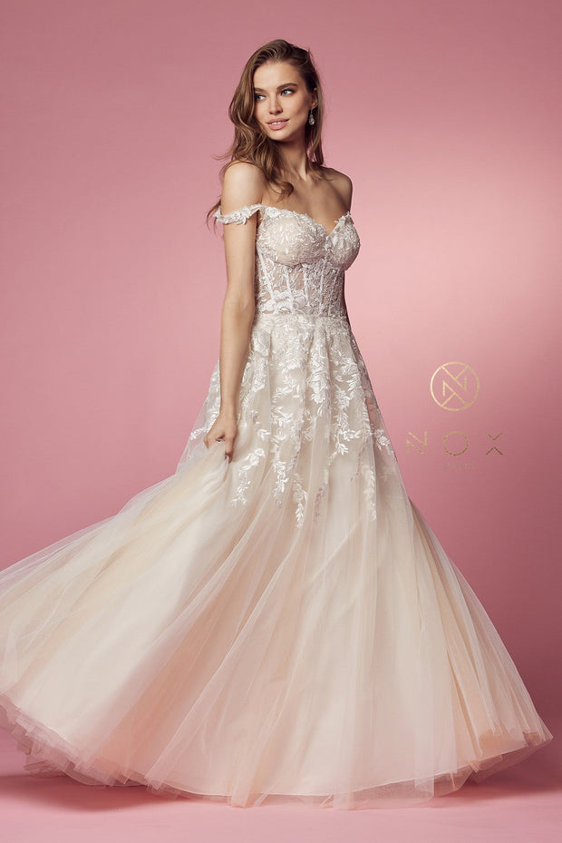 Floral Applique Off Shoulder Gown by Nox Anabel JH925