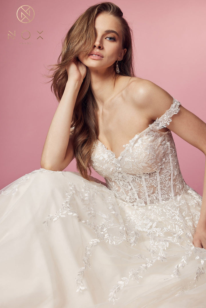Floral Applique Off Shoulder Gown by Nox Anabel JH925