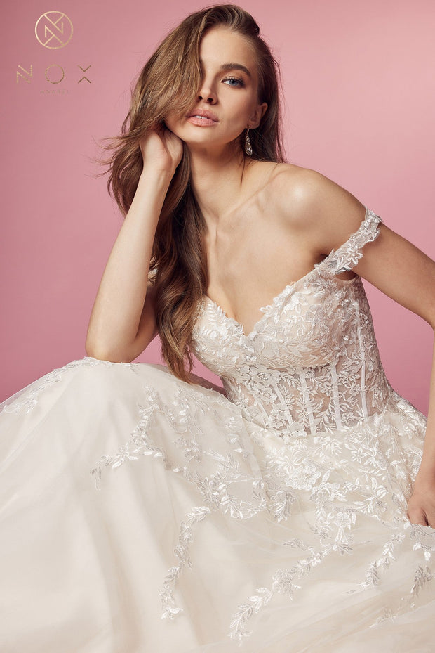 Floral Applique Off Shoulder Gown by Nox Anabel JH925