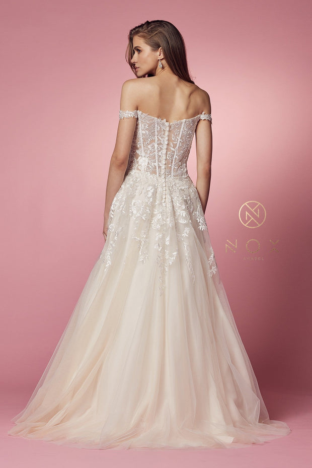 Floral Applique Off Shoulder Gown by Nox Anabel JH925
