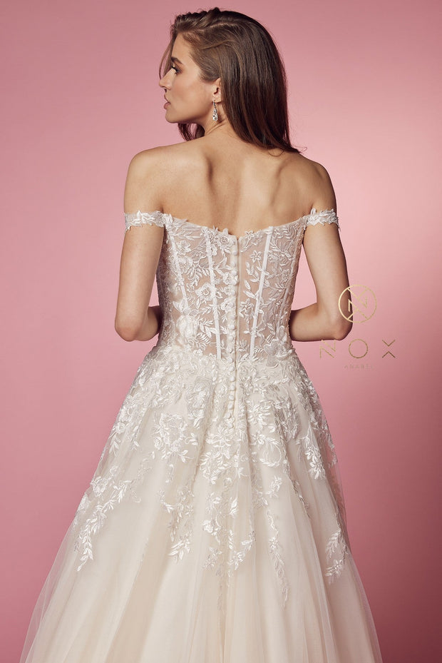 Floral Applique Off Shoulder Gown by Nox Anabel JH925