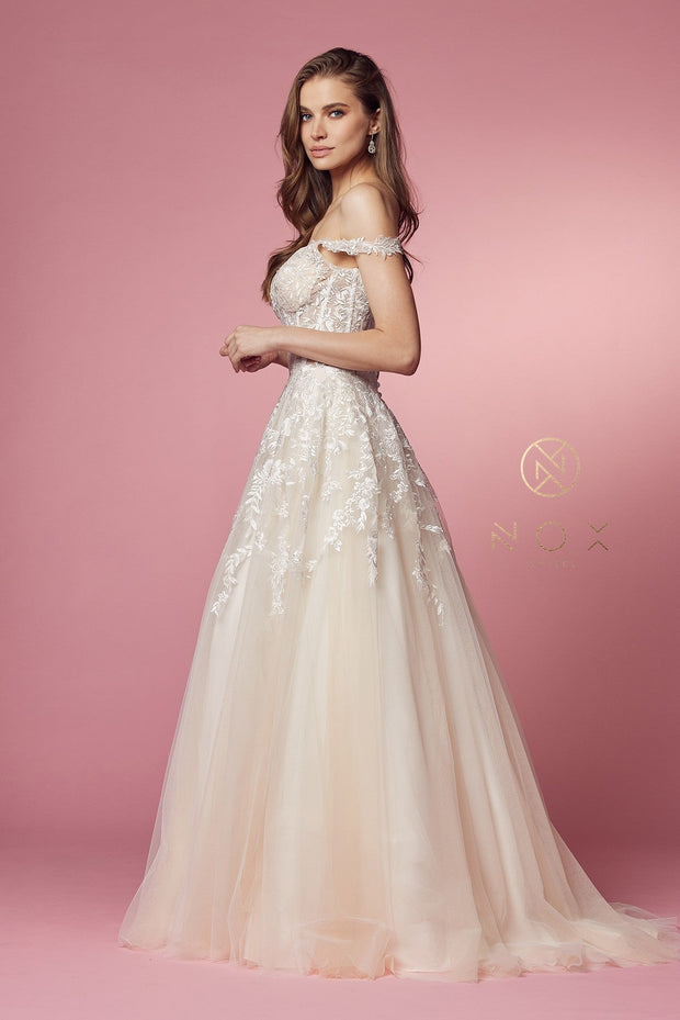 Floral Applique Off Shoulder Gown by Nox Anabel JH925