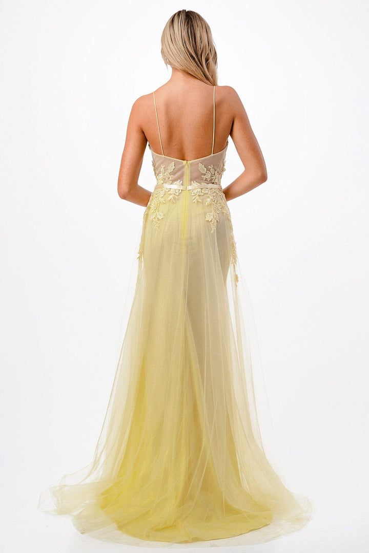 Floral Applique Sheer Bustier Gown by Coya P2110