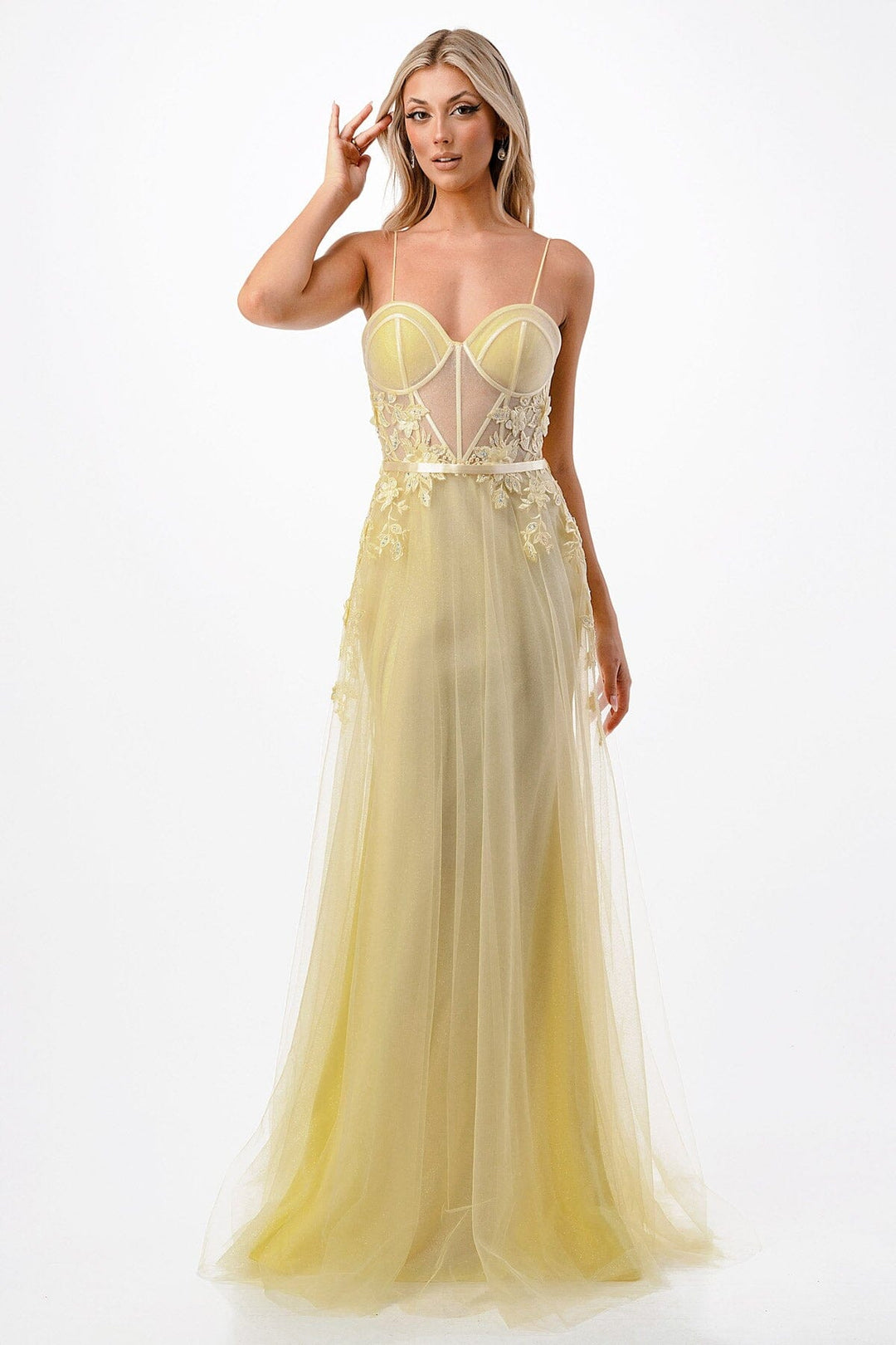Floral Applique Sheer Bustier Gown by Coya P2110