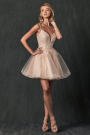 Floral Applique Short Glitter Dress by Juliet 859