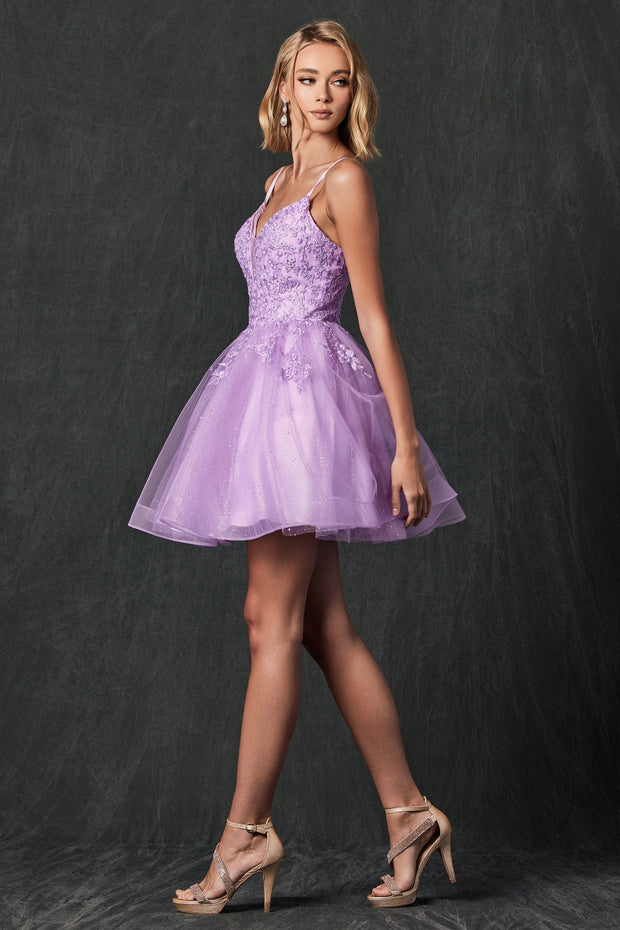 Floral Applique Short Glitter Dress by Juliet 859