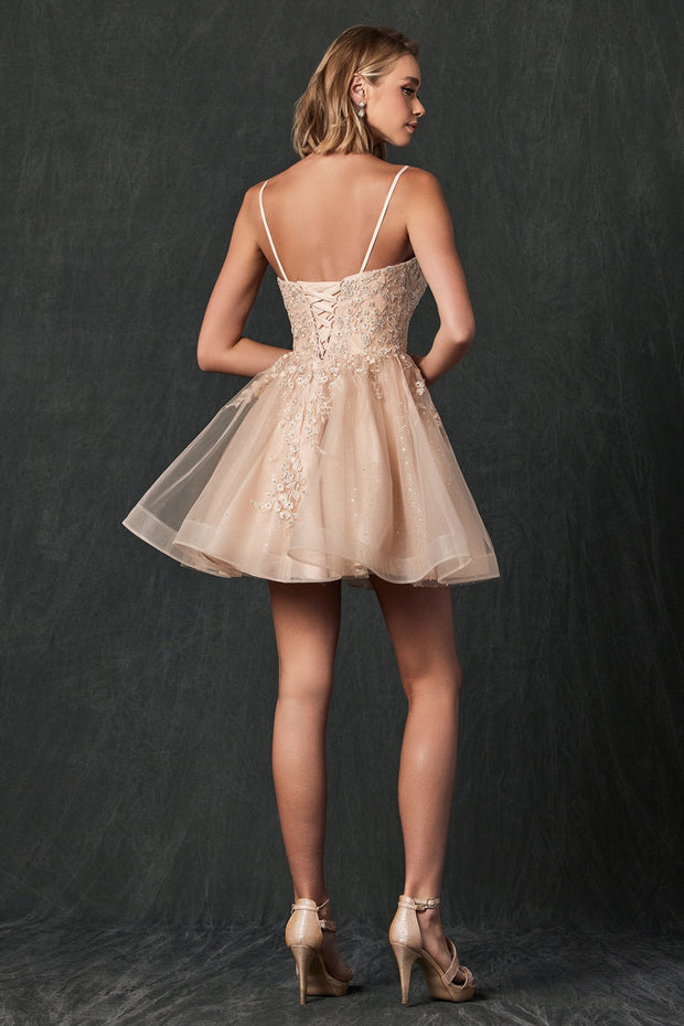 Floral Applique Short Glitter Dress by Juliet 859