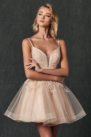Floral Applique Short Glitter Dress by Juliet 859