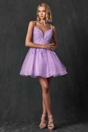 Floral Applique Short Glitter Dress by Juliet 859