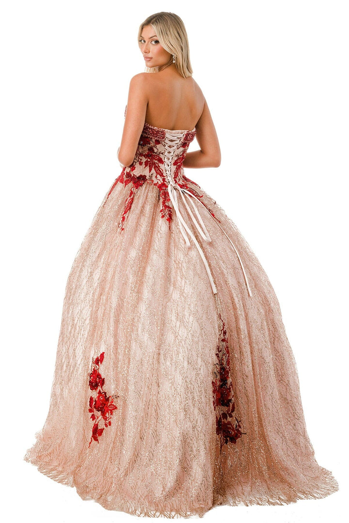 Floral Applique Strapless Glitter Ball Gown by Coya L2730