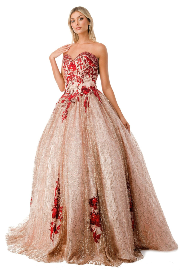 Floral Applique Strapless Glitter Ball Gown by Coya L2730
