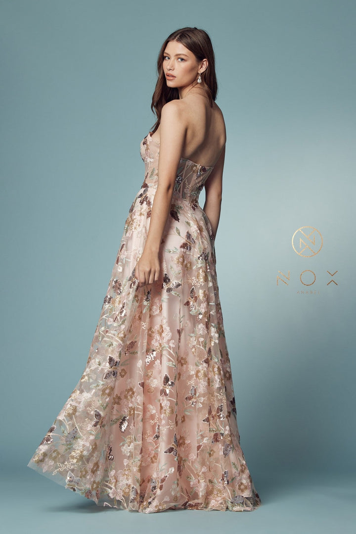 Floral Applique Strapless Gown by Nox Anabel E1001