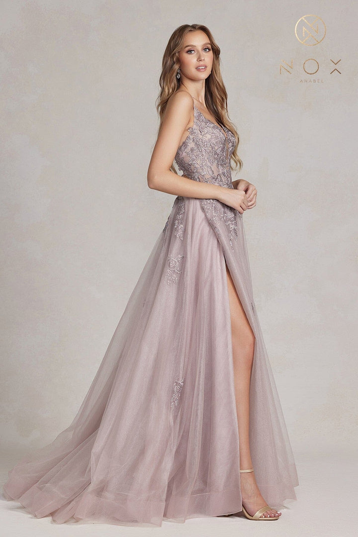 Floral Applique Tulle A-line Gown by Nox Anabel G1149