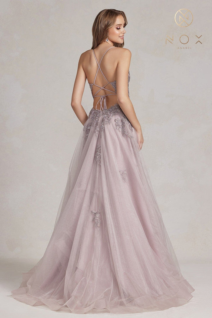 Floral Applique Tulle A-line Gown by Nox Anabel G1149