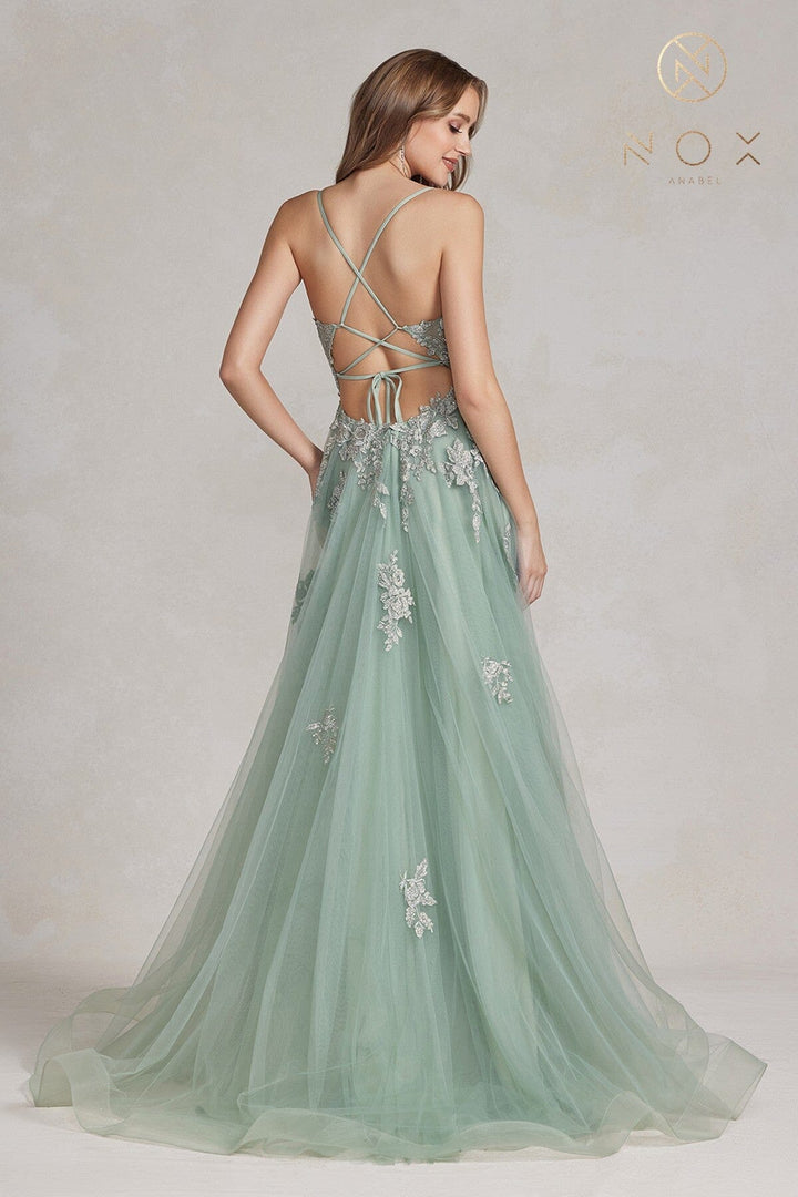 Floral Applique Tulle A-line Gown by Nox Anabel G1149