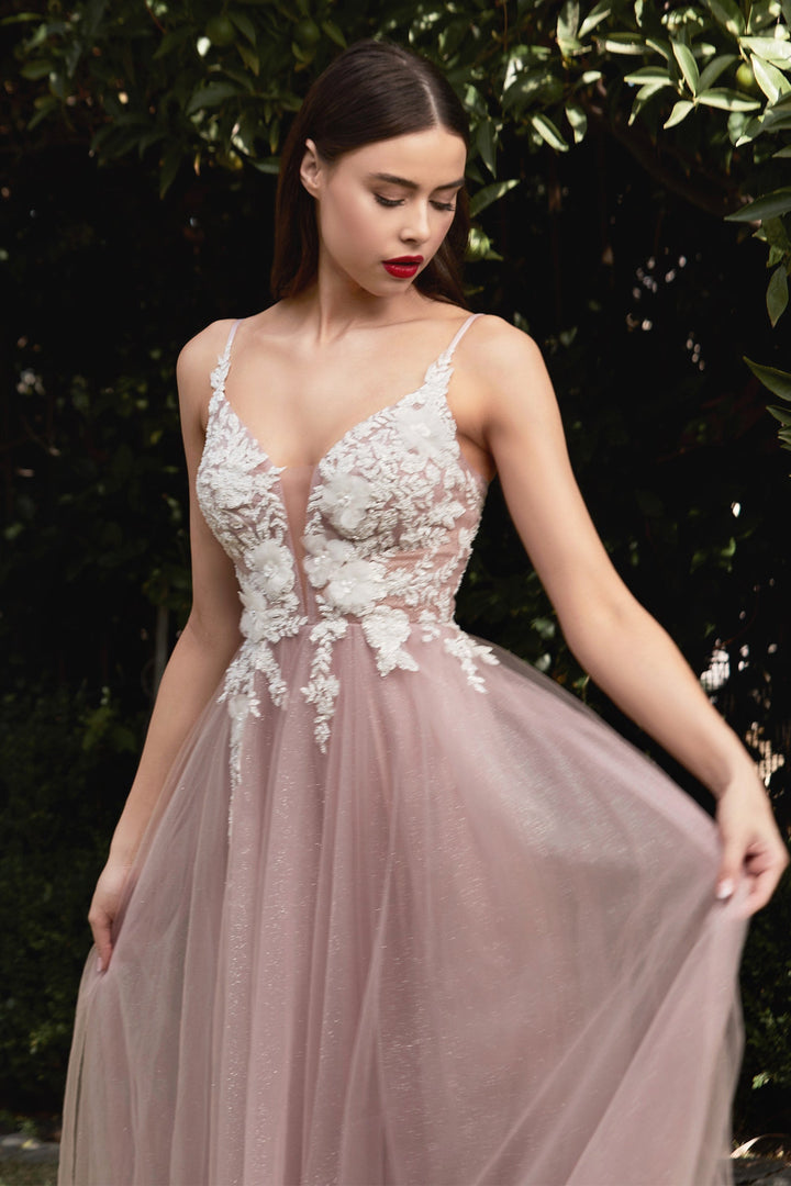 Floral Applique Tulle Gown by Cinderella Divine CB075