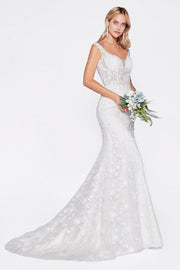 Floral Applique V-Neck Mermaid Dress by Cinderella Divine TY01-Long Formal Dresses-ABC Fashion