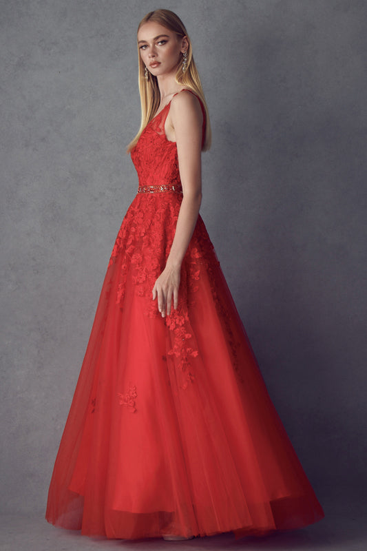 Floral Applique V-Neck Tulle Gown by Juliet 224