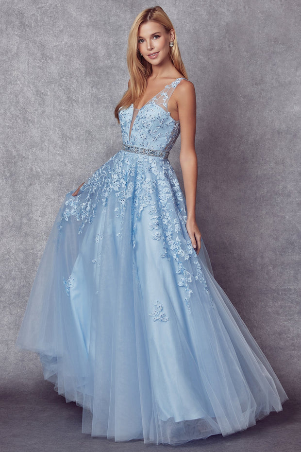 Floral Applique V-Neck Tulle Gown by Juliet 224