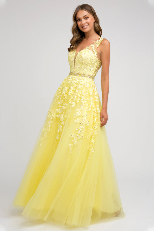 Floral Applique V-Neck Tulle Gown by Juliet 224