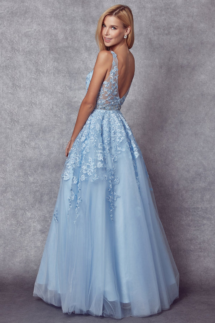 Floral Applique V-Neck Tulle Gown by Juliet 224