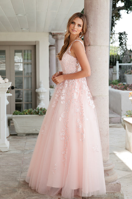 Floral Applique V-Neck Tulle Gown by Juliet 224