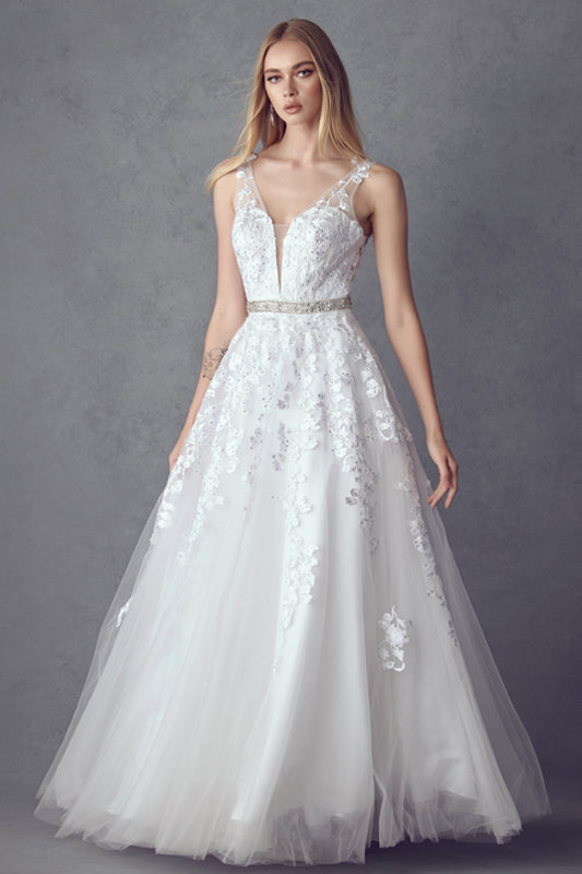 Floral Applique V-Neck Tulle Gown by Juliet 224