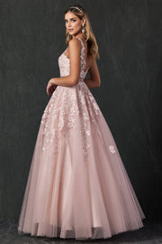 Floral Applique V-Neck Tulle Gown by Juliet 224