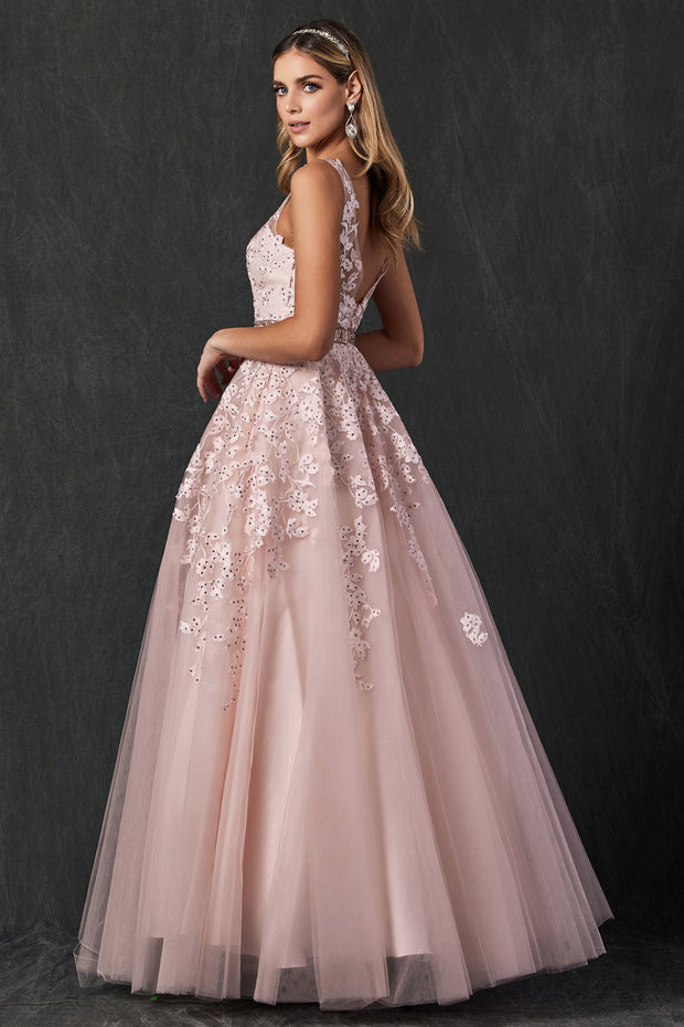 Floral Applique V-Neck Tulle Gown by Juliet 224
