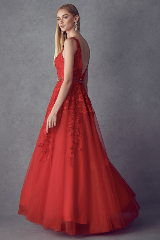 Floral Applique V-Neck Tulle Gown by Juliet 224