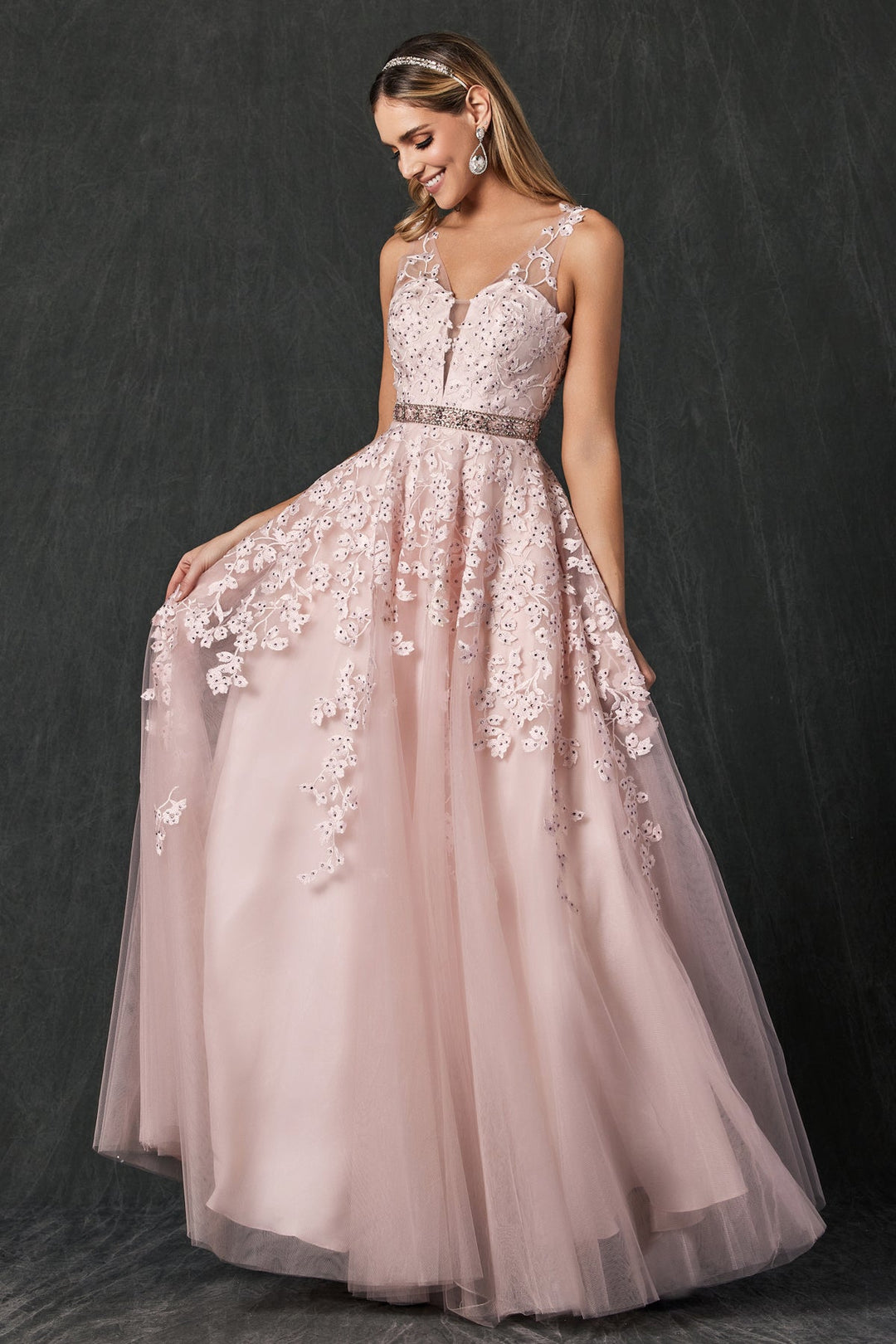 Floral Applique V-Neck Tulle Gown by Juliet 224