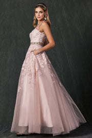 Floral Applique V-Neck Tulle Gown by Juliet 224