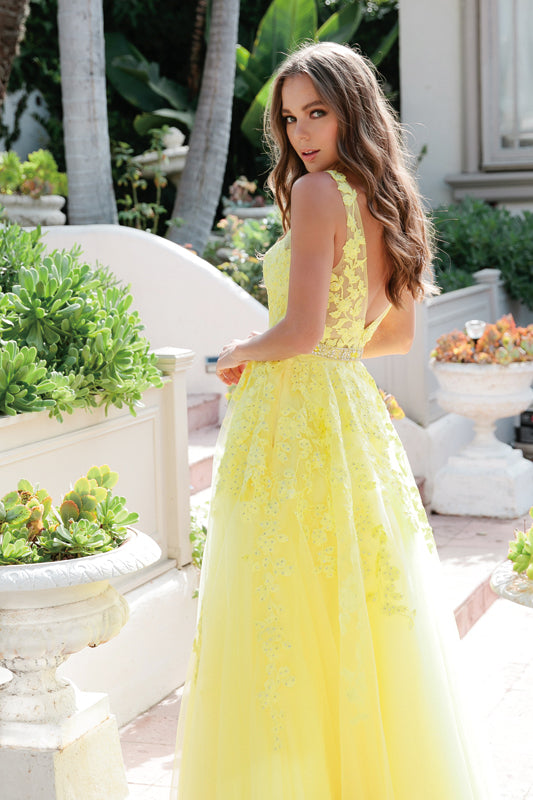 Floral Applique V-Neck Tulle Gown by Juliet 224