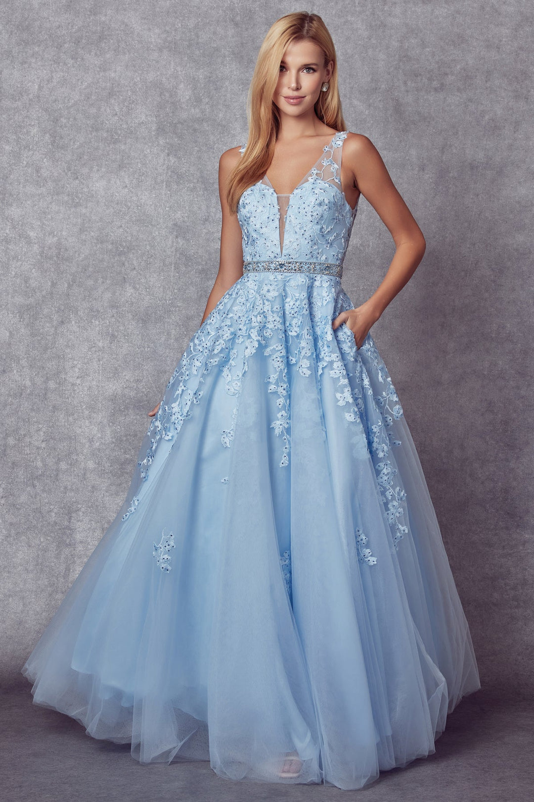 Floral Applique V-Neck Tulle Gown by Juliet 224