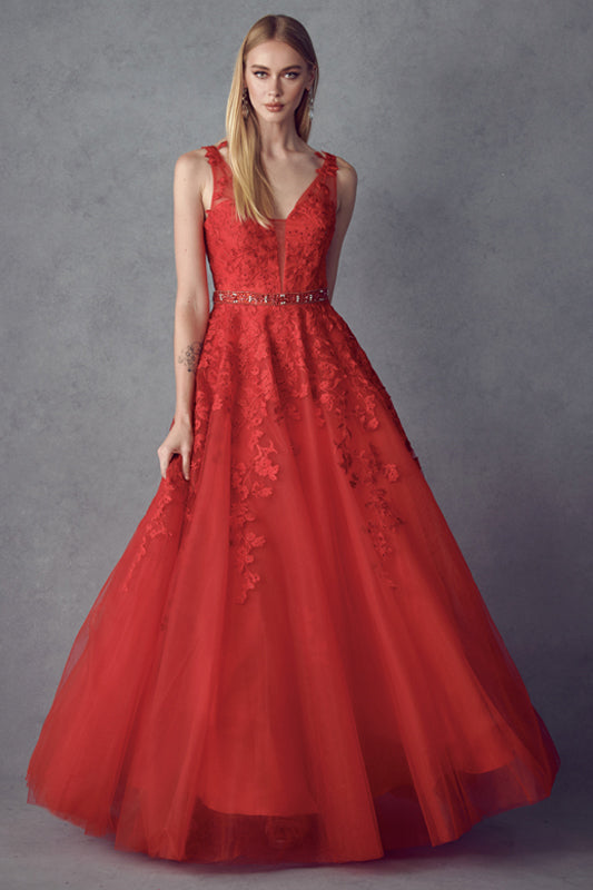 Floral Applique V-Neck Tulle Gown by Juliet 224