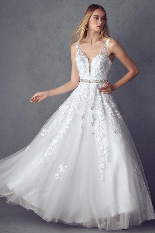 Floral Applique V-Neck Tulle Gown by Juliet 224