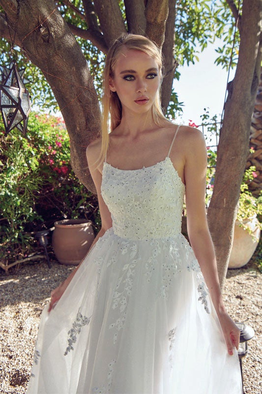 Floral Applique White Corset Tulle Gown by Juliet 260W