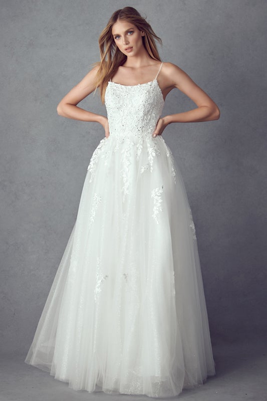 Floral Applique White Corset Tulle Gown by Juliet 260W
