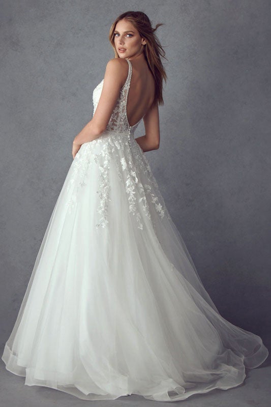 Floral Applique White Illusion Gown by Juliet  248