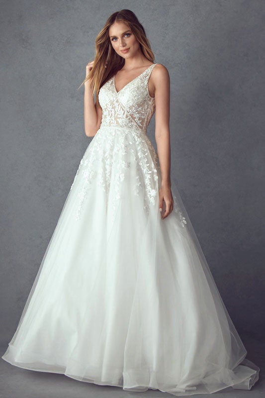 Floral Applique White Illusion Gown by Juliet  248