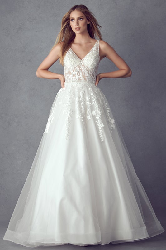 Floral Applique White Illusion Gown by Juliet  248