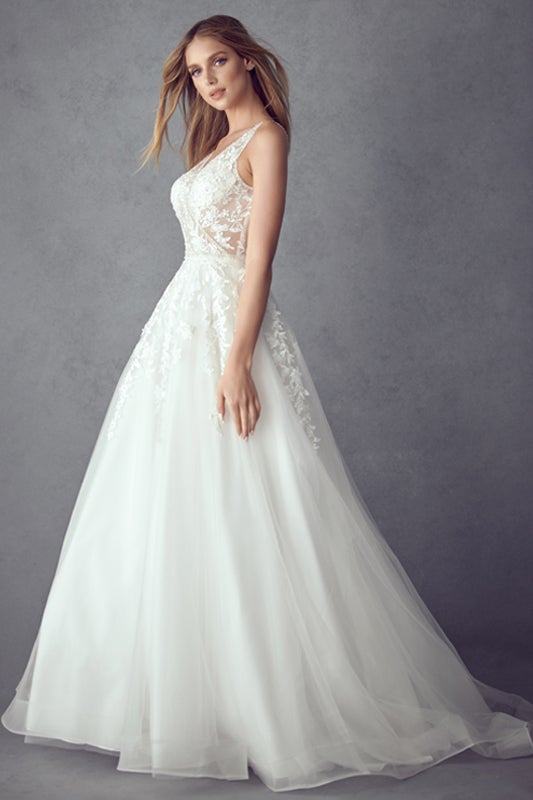 Floral Applique White Illusion Gown by Juliet  248