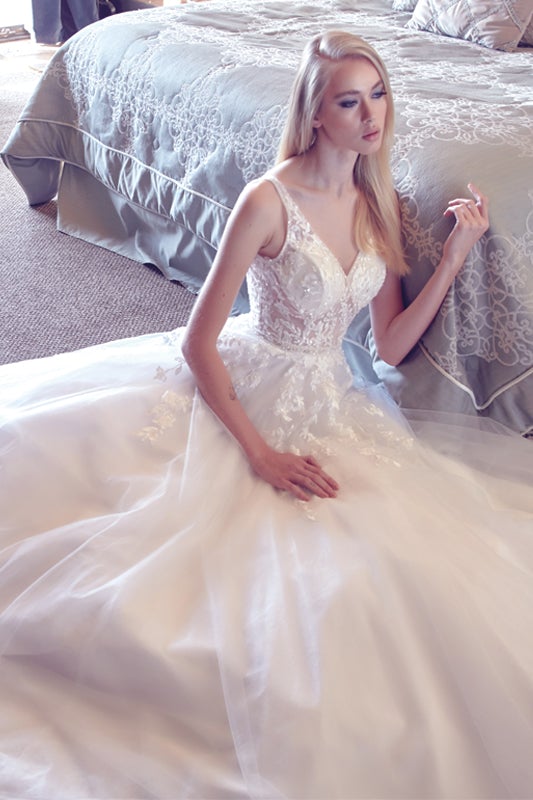 Floral Applique White Illusion Gown by Juliet  248